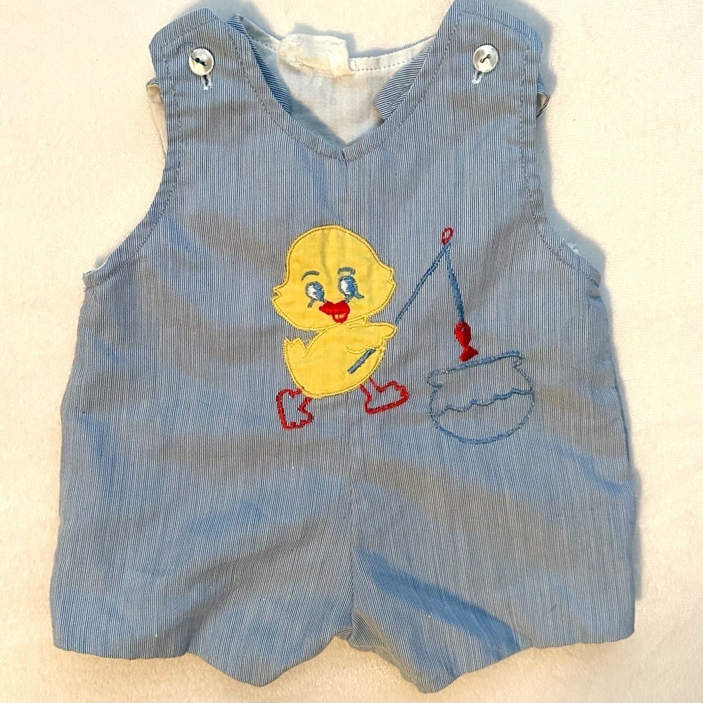 Vtg Baby Boys Romper Shortall One Piece 0-3M Blue Stripe Yellow Duckie Fishing